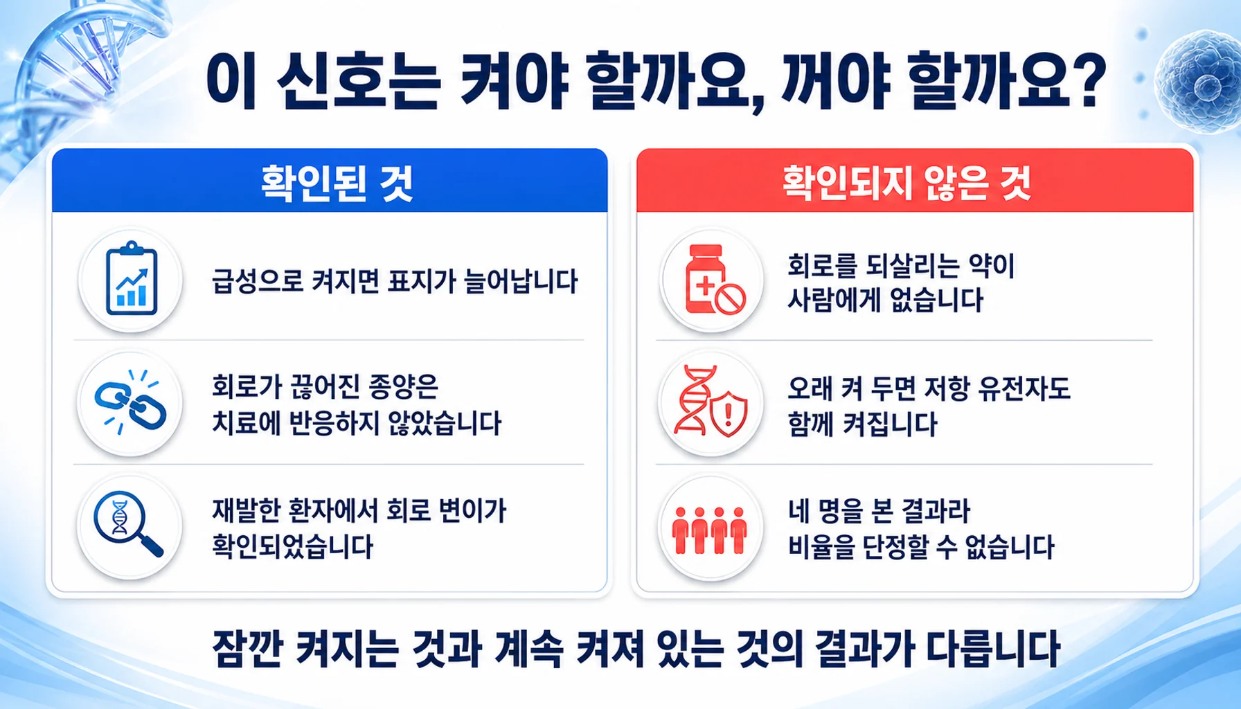 인터페론 감마 경로에 대해 확인된 것과 확인되지 않은 것을 두 칸으로 정리한 그림