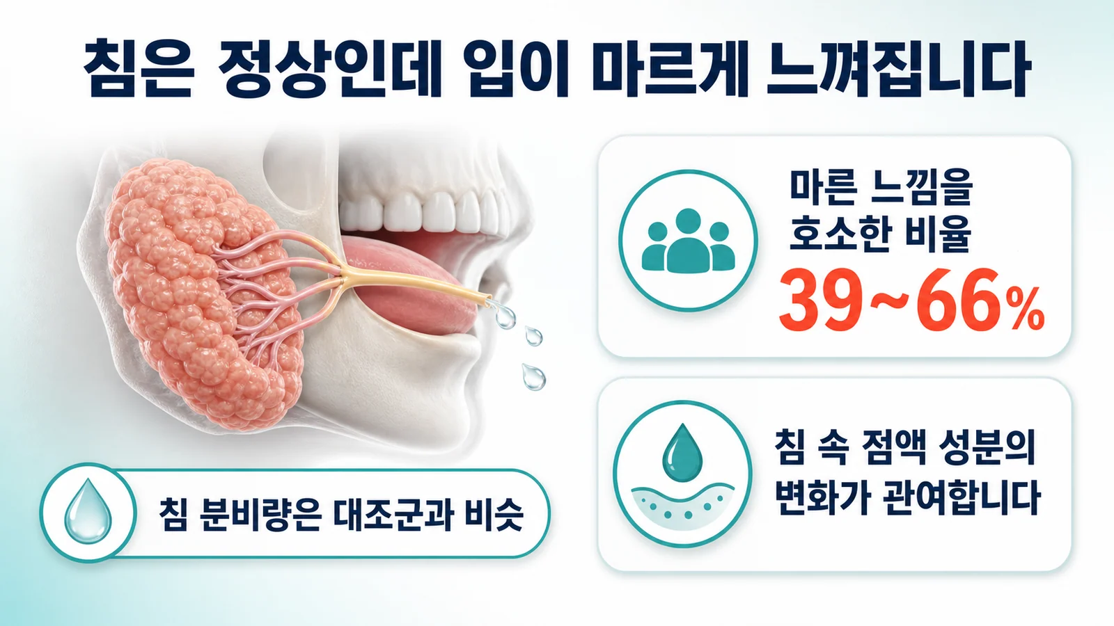 침은 정상인데 입이 마르게 느껴지는 이유를 나타낸 그림. 침 분비량은 대조군과 비슷하고, 마른 느낌을 호소한 비율은 39~66퍼센트이며 침 속 점액 성분의 변화가 관여한다는 내용이 표시되어 있다