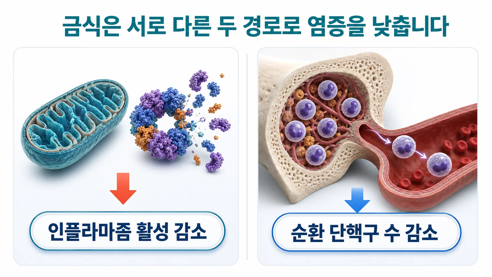 금식이 인플라마좀 활성과 순환 단핵구 수를 함께 줄이는 두 가지 경로를 나란히 그린 그림