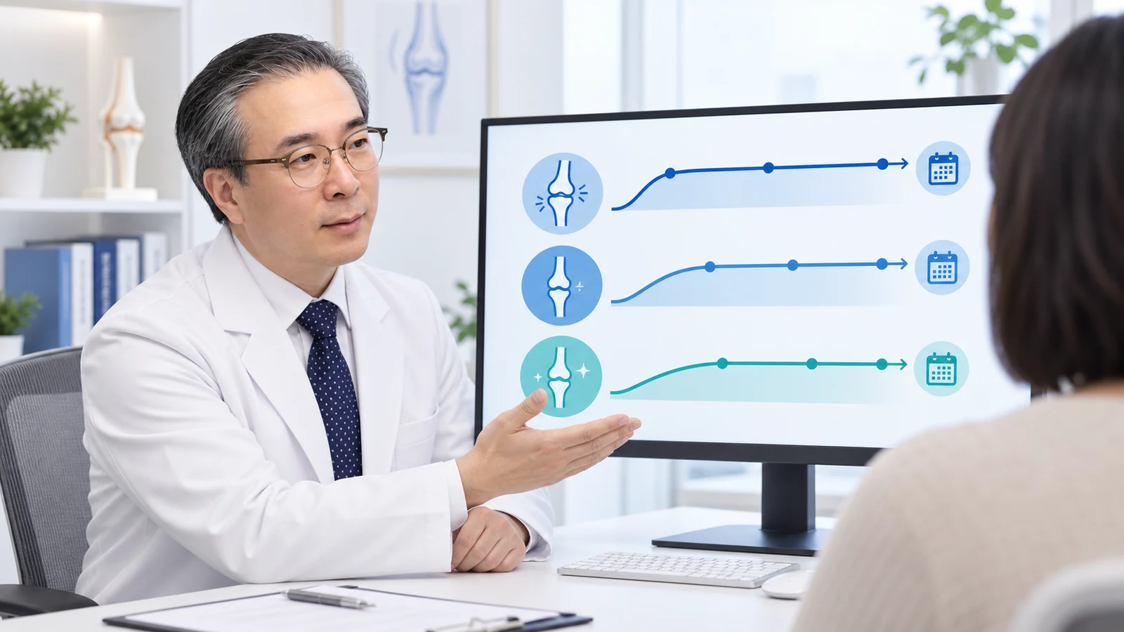 박석민 원장이 교육용 모니터의 개념 그림을 보며 면역 치료 반응의 차이를 설명하는 장면