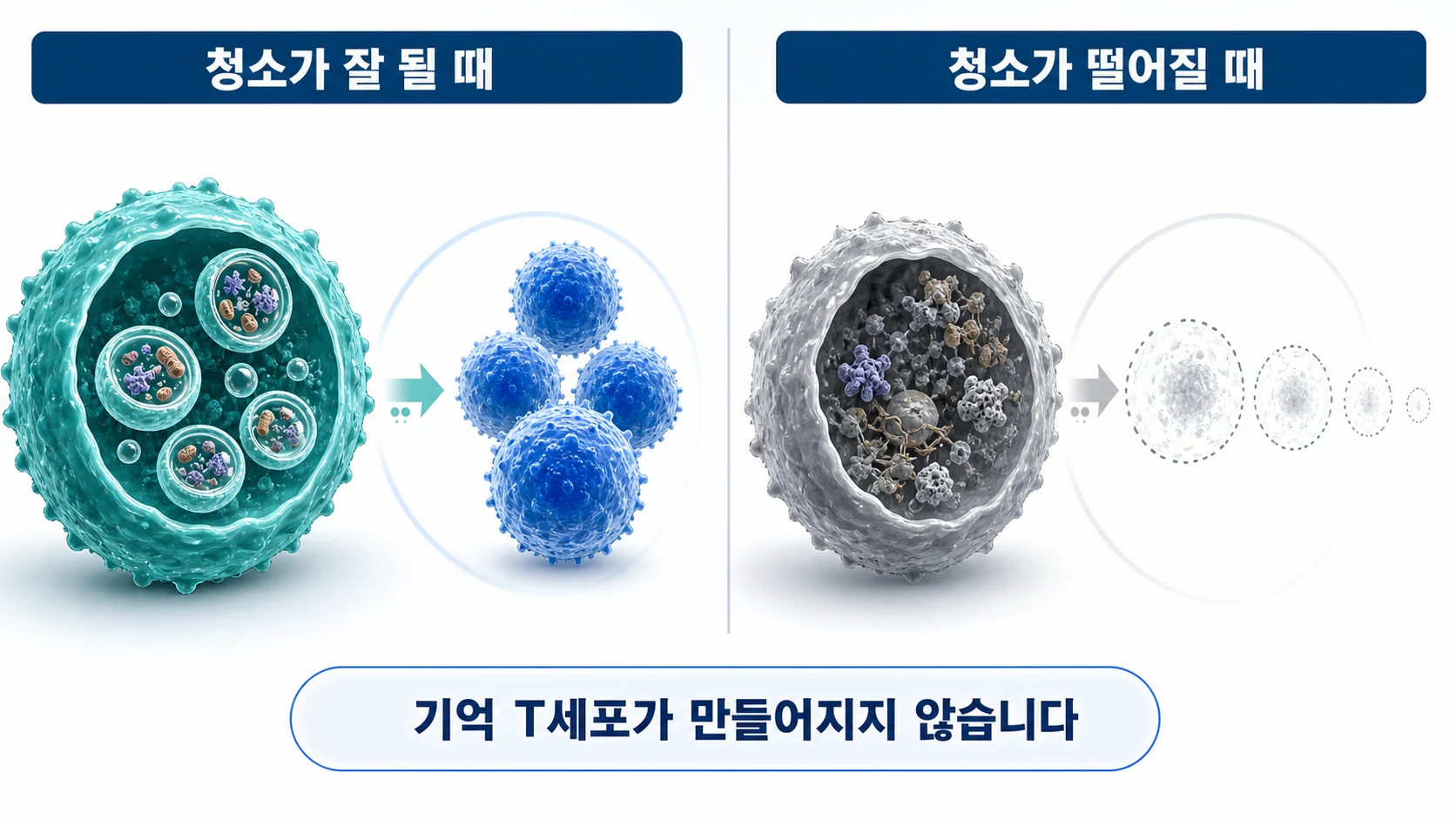 자가포식이 떨어진 늙은 T세포에서 기억 형성이 실패하는 과정을 그린 그림
