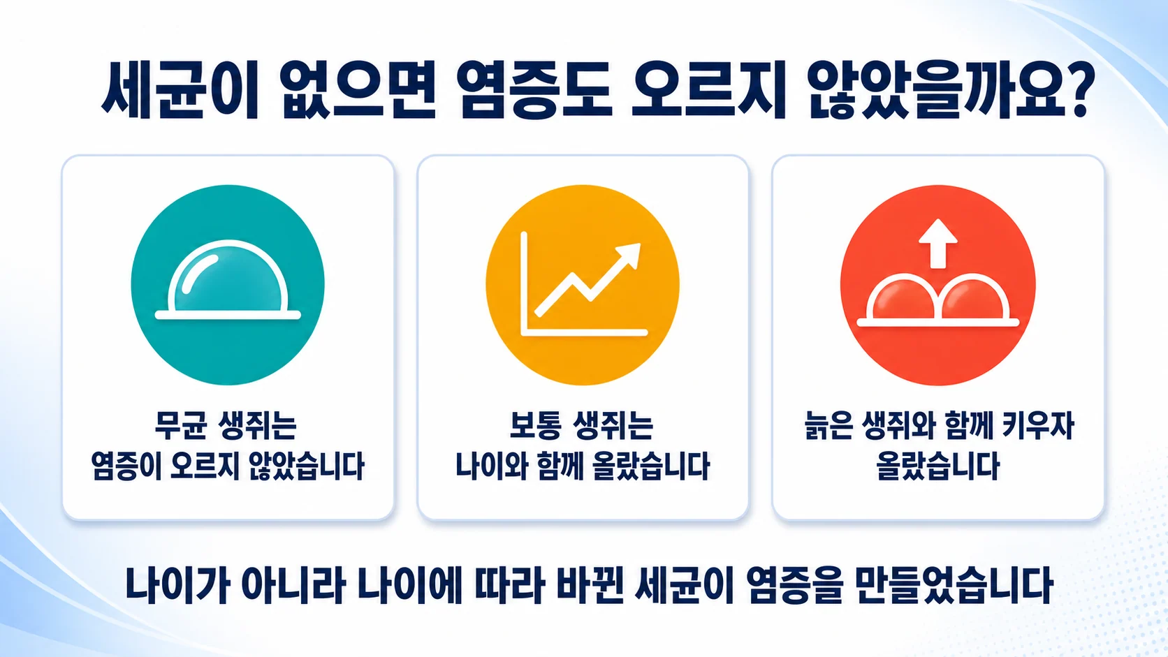 무균 생쥐와 보통 생쥐, 그리고 함께 키운 뒤의 염증 수치를 비교한 그림