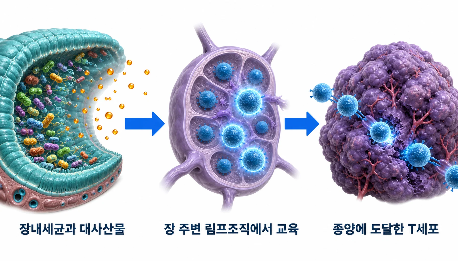 장의 세균이 림프조직에서 면역세포를 교육하고 그 세포가 종양에 도달하는 경로를 그린 그림