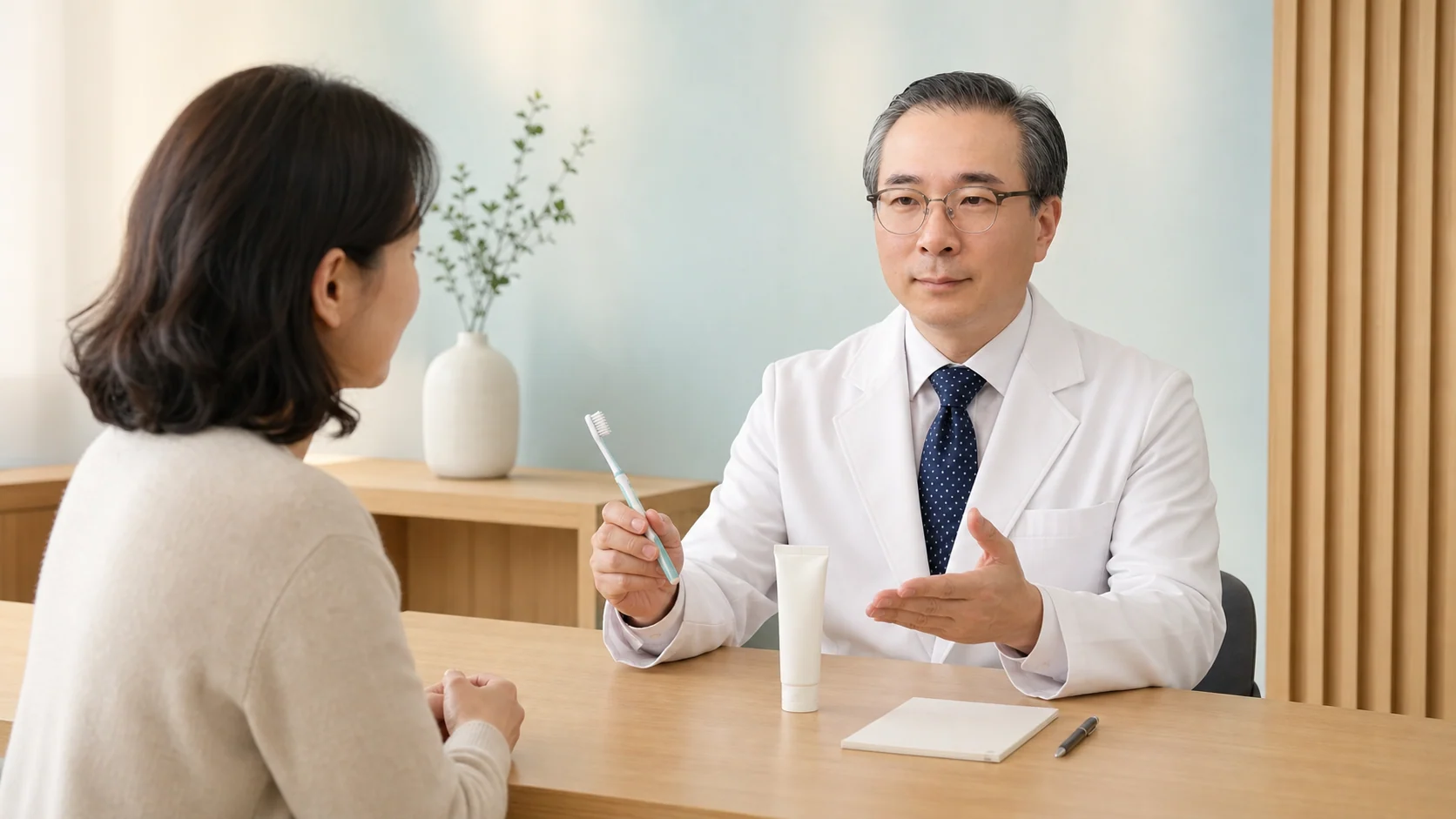 인천 송도 이레한의원 진료실에서 박석민 원장이 구강관리 방법을 설명하는 장면
