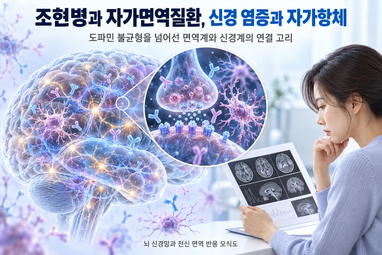 조현병과 자가면역질환의 다각적 연결 고리를 정리한 인포그래픽으로 대규모 30년 코호트 역학, 6번 염색체 보체 C4 유전자 변이, 첫 발병 정신증의 신경 자가항체, 뇌혈관장벽 투과성 변화를 요약한 대표 이미지