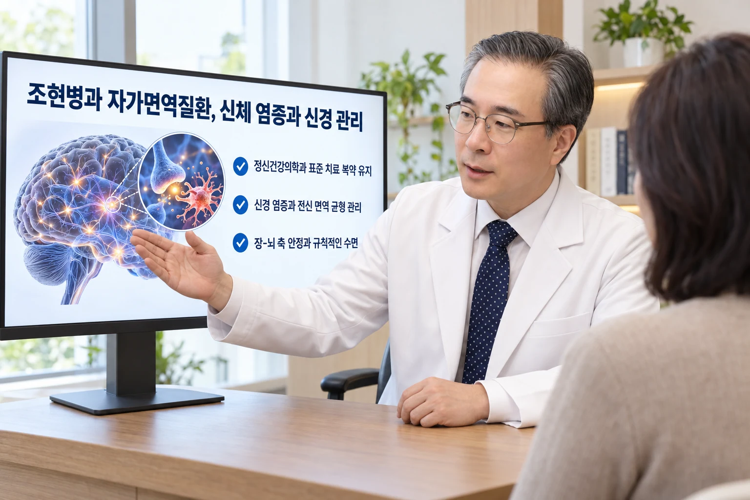 박석민 원장이 32인치 교육용 모니터의 뇌 신경망과 면역계 연결 그림을 보며 환자에게 표준 약물 치료의 중요성과 보완적 한의 면역 관리 방향을 설명하는 상담 장면