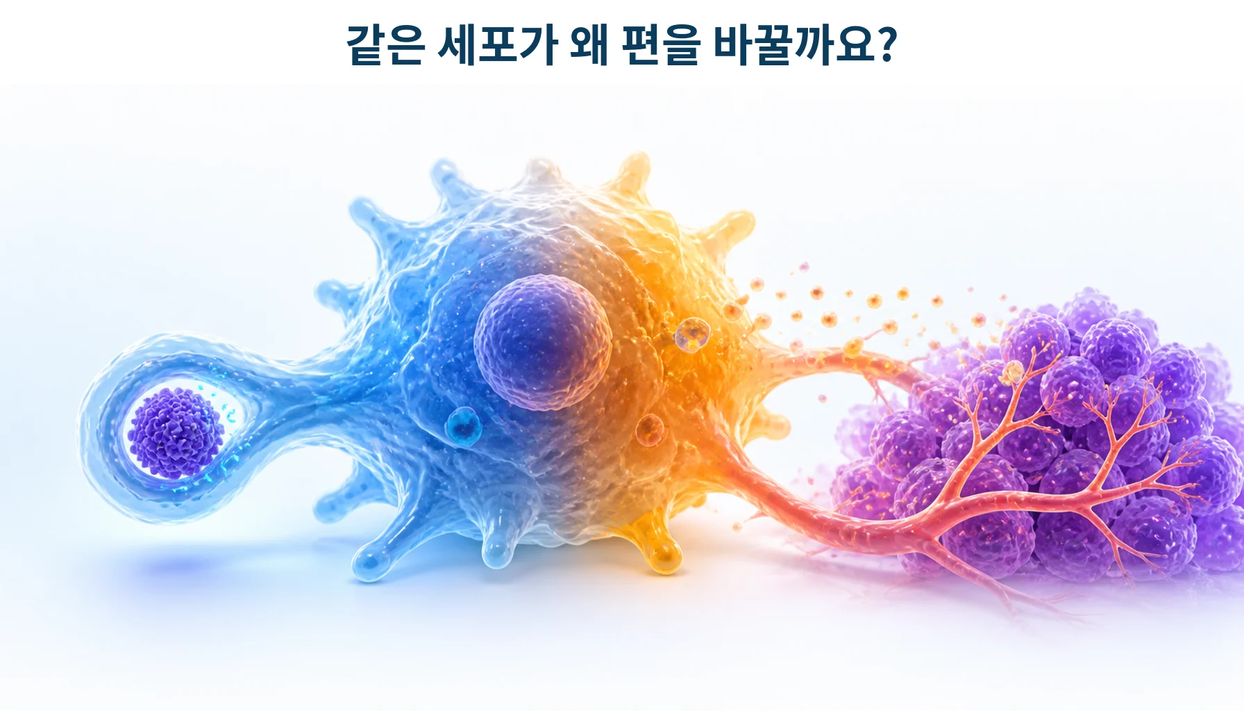 같은 면역세포가 종양을 공격하는 쪽과 돕는 쪽으로 갈리는 모습을 형상화한 개념 그림