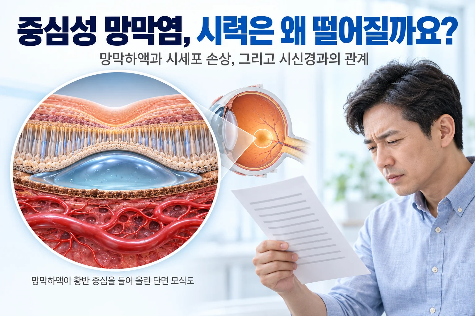 망막 아래에 고인 액체가 황반 중심의 시세포를 들어 올린 단면 모식도와, 글자가 흐리고 찌그러져 보여 눈을 찡그리는 중년 남성의 옆모습