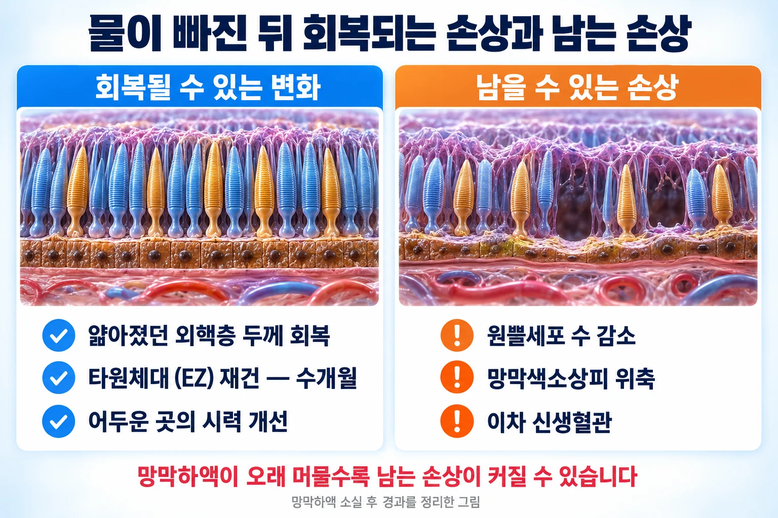 물이 빠진 뒤 회복될 수 있는 시세포층 변화와 남을 수 있는 원뿔세포 감소, 망막색소상피 위축, 이차 신생혈관을 나눠 보여 주는 비교 그림