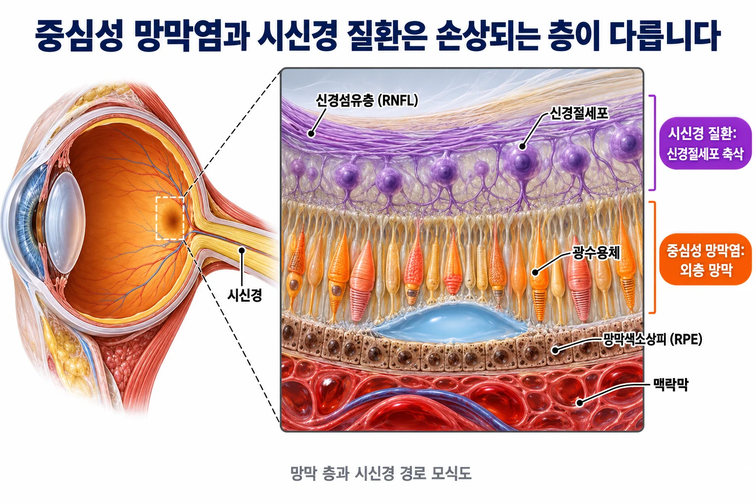 외층 망막의 광수용체와 망막색소상피에 생기는 중심성 망막염 병변과, 내층의 신경절세포와 신경섬유층을 거쳐 시신경으로 이어지는 경로를 구분한 망막 단면도