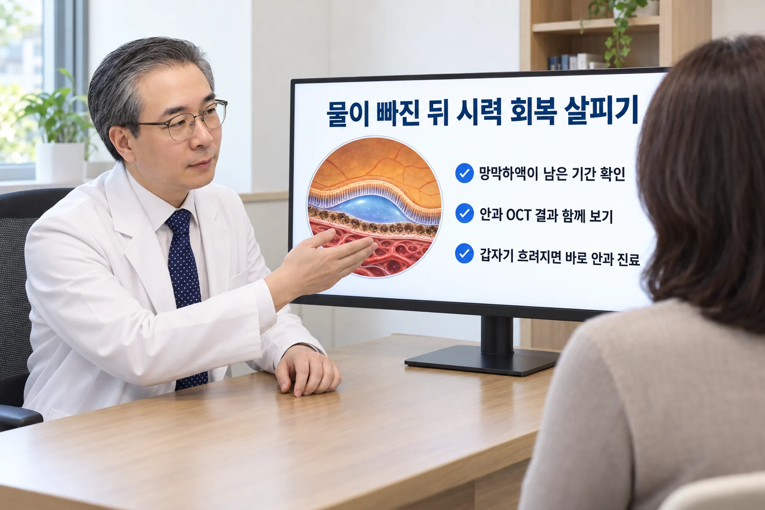 박석민 원장이 진료실 모니터에 띄운 망막 단면 모식도를 가리키며 망막하액이 남은 기간과 시세포층 회복을 환자에게 설명하는 장면