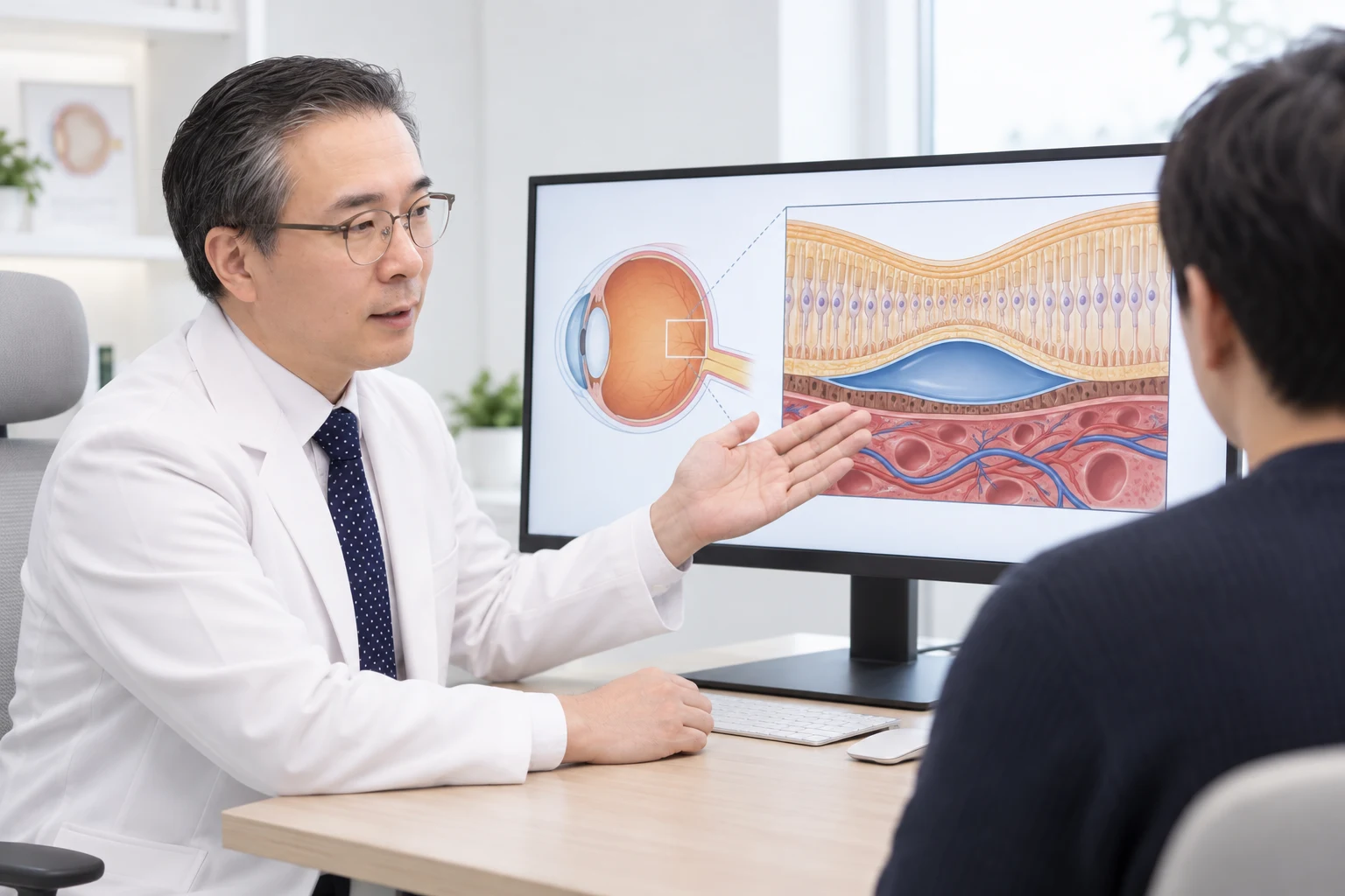 박석민 원장이 환자 교육용 모니터의 망막하액 모식도를 보며 설명하는 장면