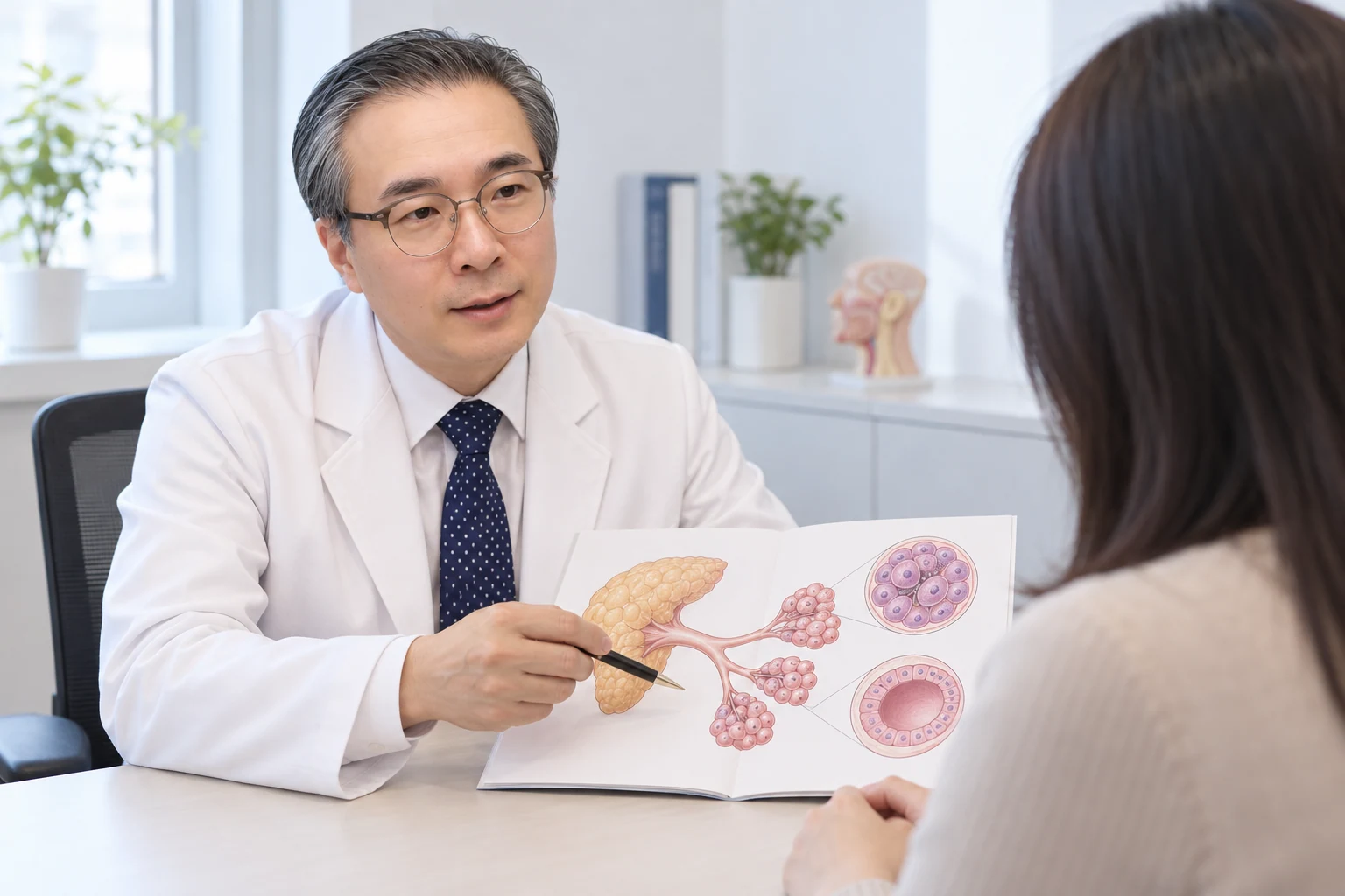 박석민 원장이 환자에게 침샘 조직 그림으로 세포의 유지와 재생을 설명하는 AI 제작 장면
