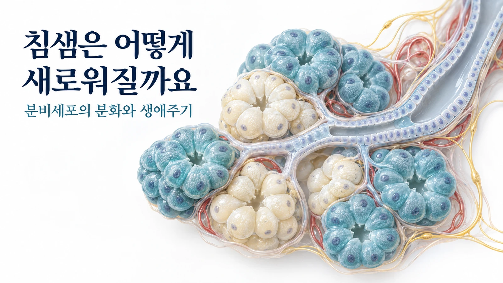 작은 내강을 둘러싼 침샘 분비세포와 연결된 침관을 보여주는 의학 일러스트