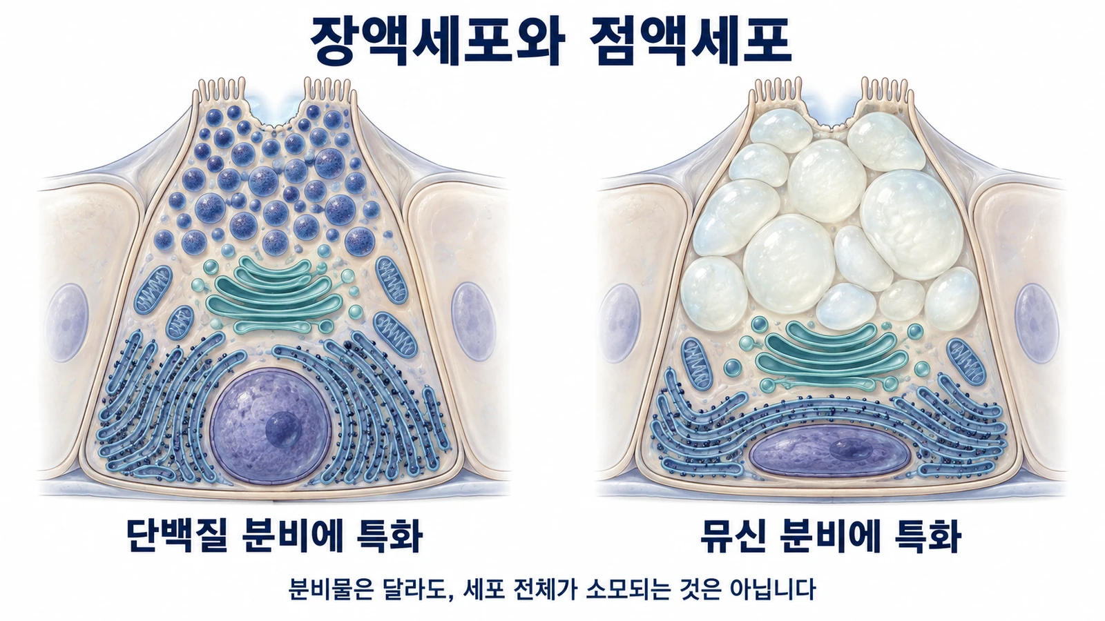 단백질 분비과립이 발달한 장액세포와 뮤신 과립이 발달한 점액세포를 나란히 비교한 그림