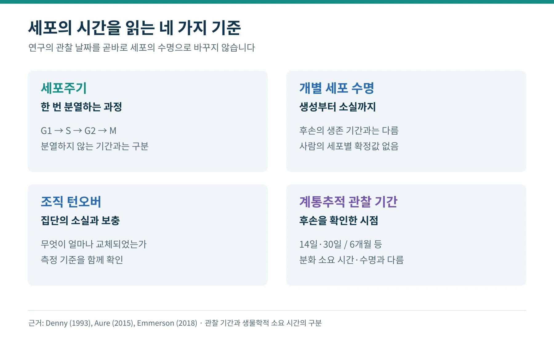 세포주기와 개별 세포 수명, 조직 턴오버, 계통추적 관찰 기간을 서로 다른 시간 개념으로 나눈 설명도