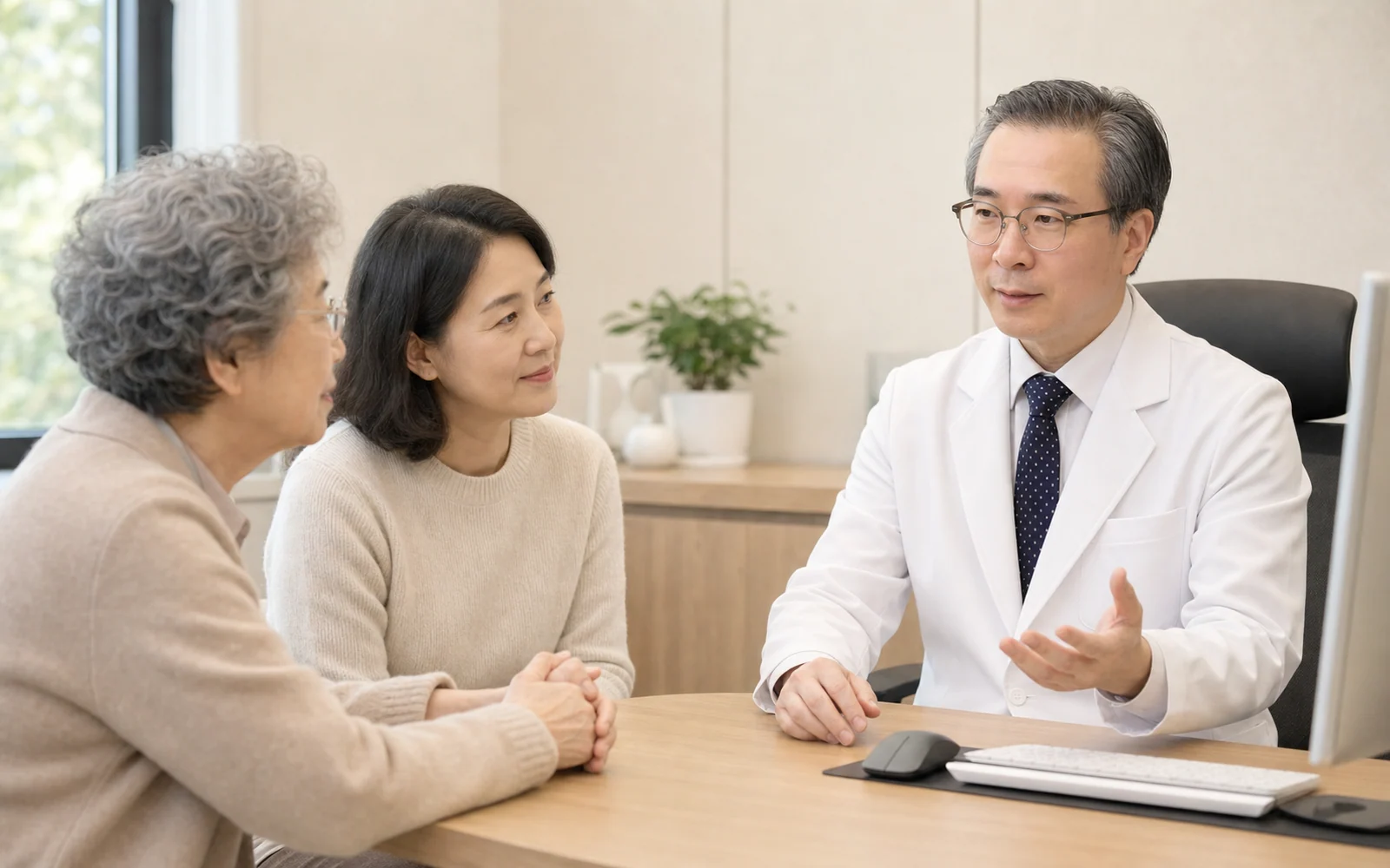 환자와 가족이 함께 상담하는 진료실 장면
