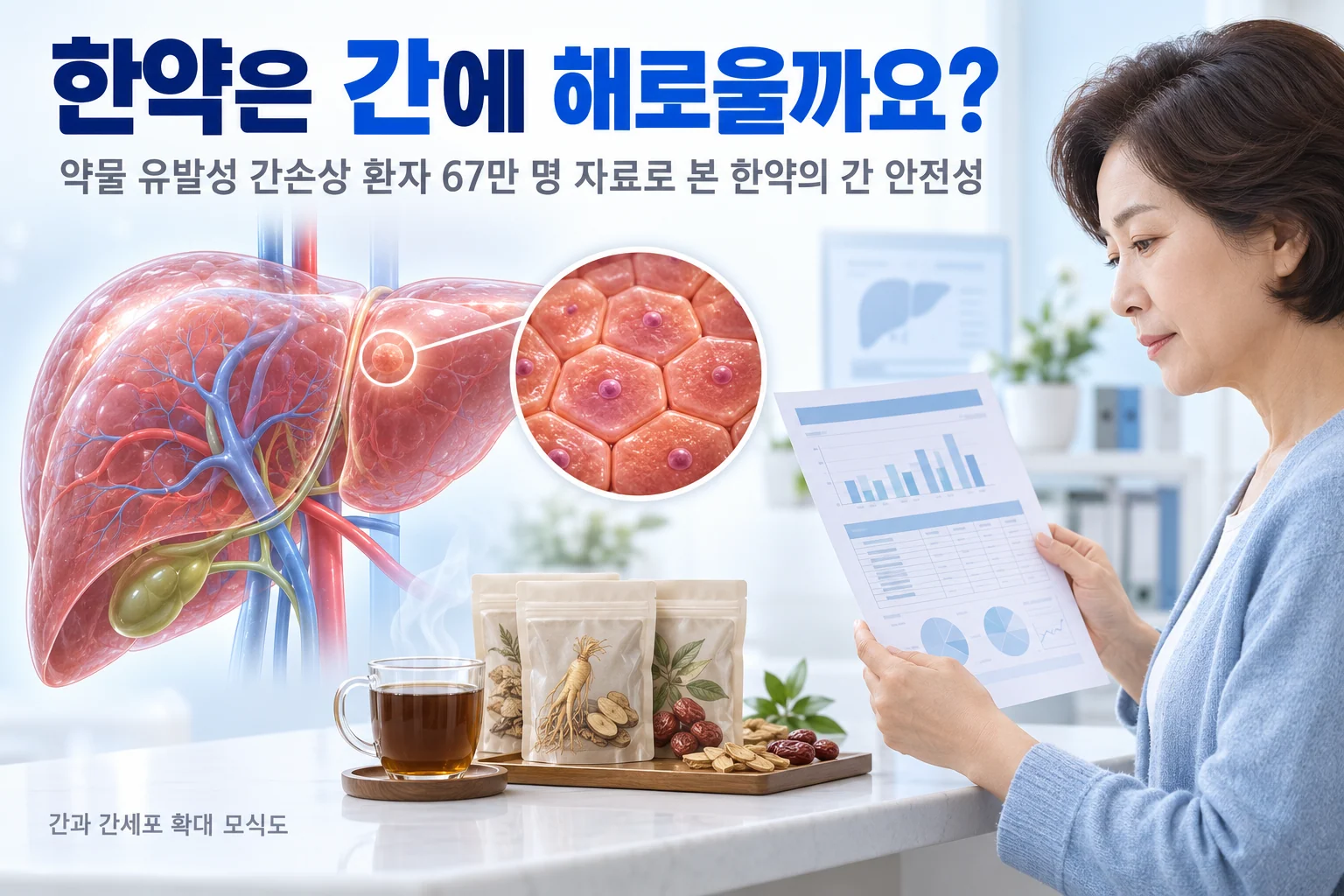반투명한 간 3D 모식도와 간세포 확대 인셋, 한약 파우치와 한약 한 잔, 간 기능 검사 결과지를 바라보는 50대 여성의 옆모습을 담은 대표 이미지