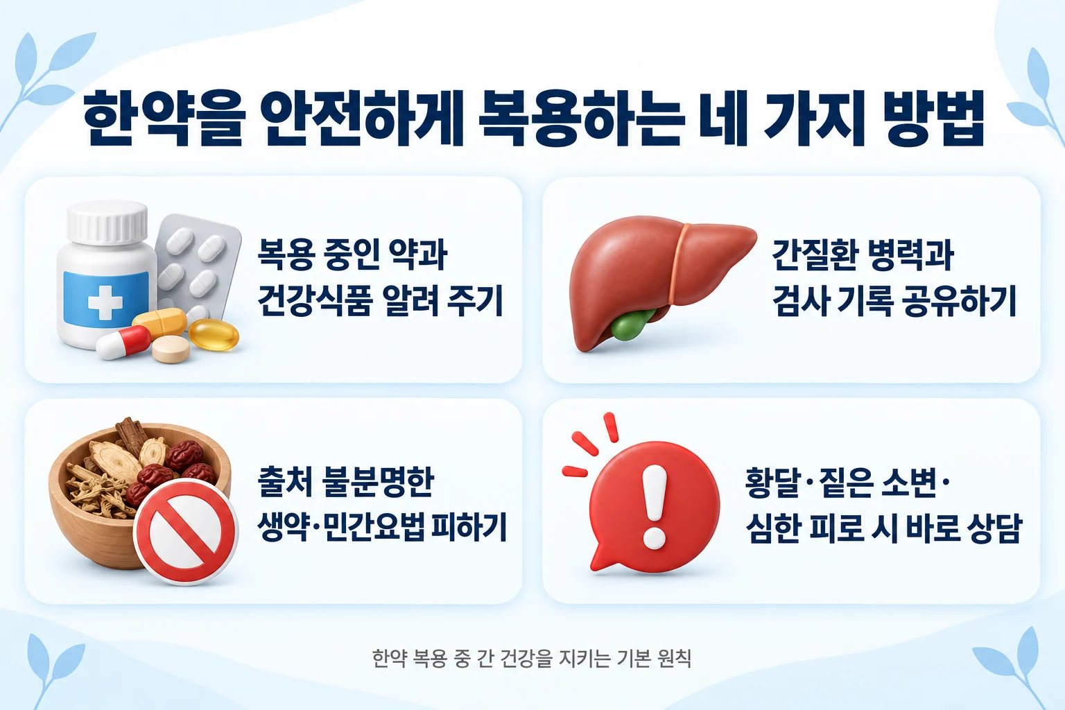 복용 중인 약과 건강식품 알려 주기, 간질환 병력과 검사 기록 공유하기, 출처 불분명한 생약·민간요법 피하기, 황달·짙은 소변·심한 피로 시 바로 상담하기의 네 가지 한약 안전 복용 원칙을 정리한 그림
