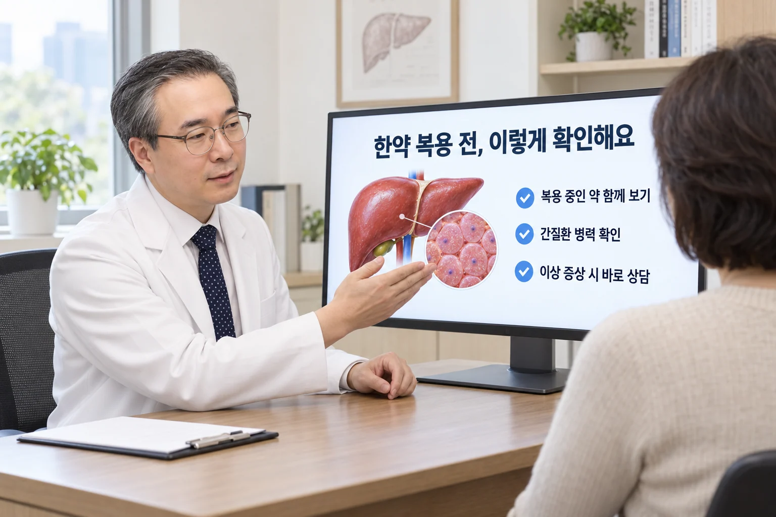 박석민 원장이 32인치 교육용 모니터의 간 모식도와 한약 복용 전 확인 사항을 가리키며 환자에게 한약의 간 안전성을 설명하는 장면