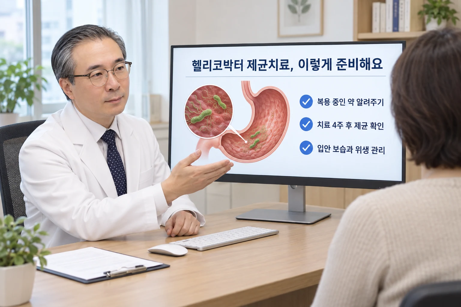 한의사가 진료실의 32인치 모니터에 위와 헬리코박터 그림을 띄워 놓고 제균치료 전 준비 사항(복용 중인 약 알리기, 치료 4주 후 제균 확인, 입안 보습과 위생 관리)을 환자에게 설명하는 장면