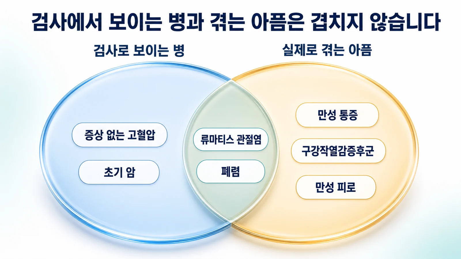 검사로 보이는 병과 실제로 겪는 아픔을 두 개의 원으로 비교한 그림. 왼쪽에는 증상 없는 고혈압과 초기 암, 겹치는 부분에는 류마티스 관절염과 폐렴, 오른쪽에는 만성 통증과 구강작열감증후군, 만성 피로가 배치되어 있다