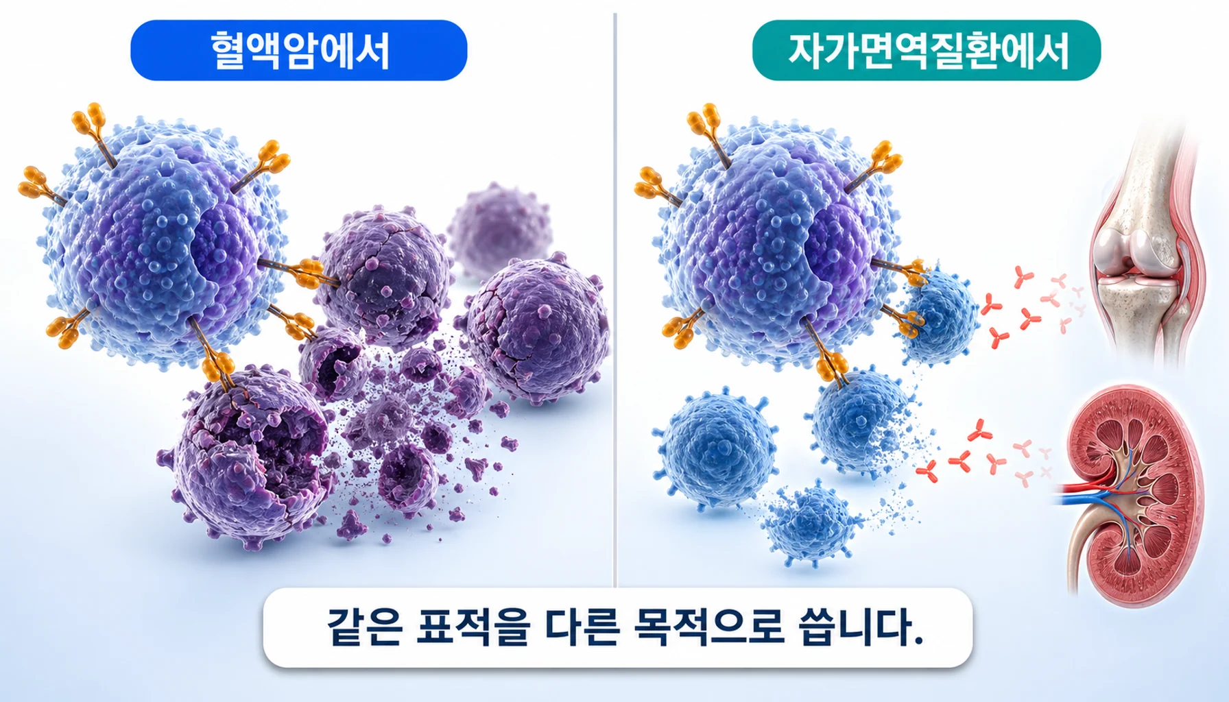 혈액암과 자가면역질환에서 CD19 CAR-T의 쓰임을 비교한 그림