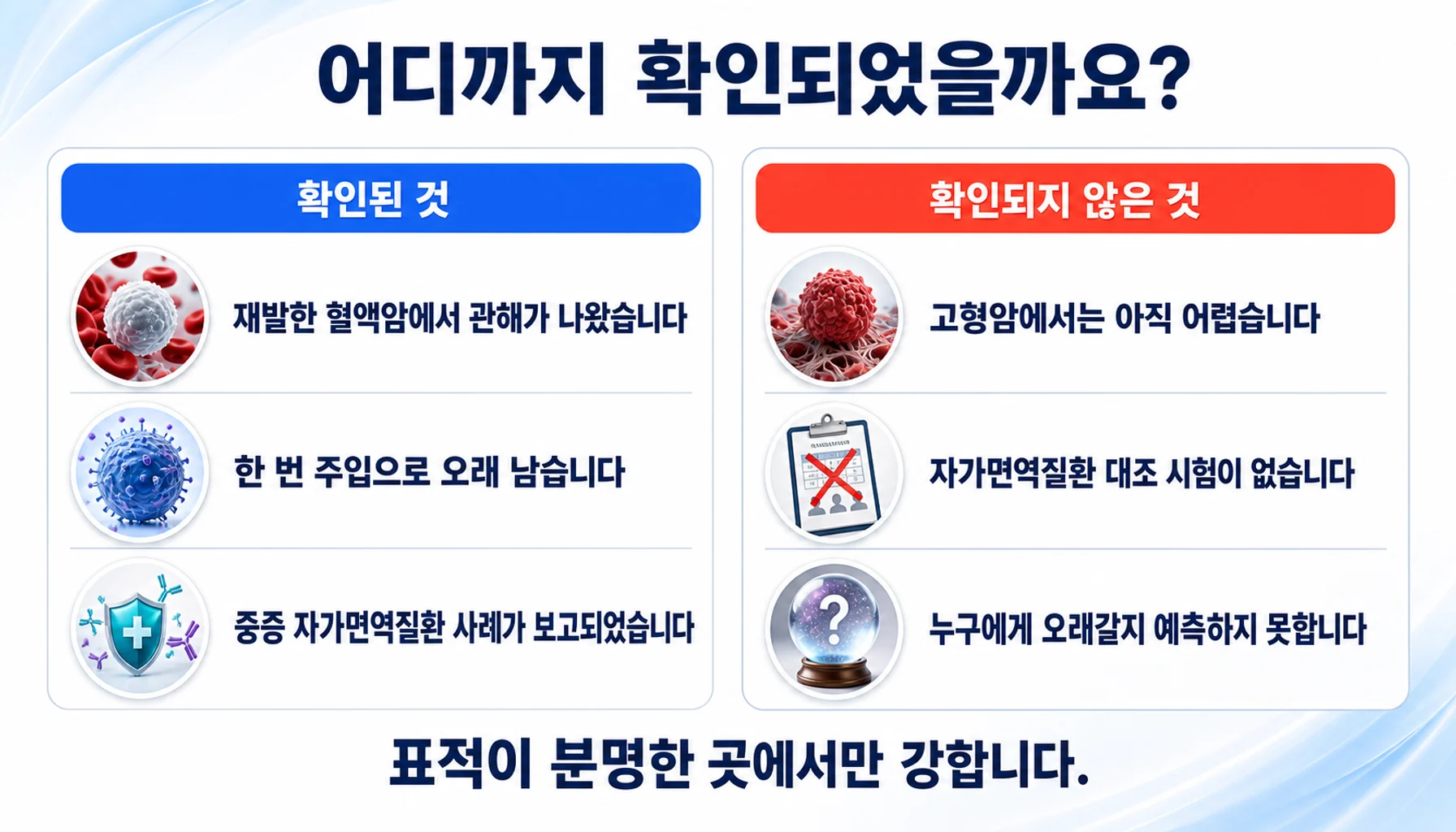 CAR-T에 대해 확인된 것과 확인되지 않은 것을 두 칸으로 정리한 그림