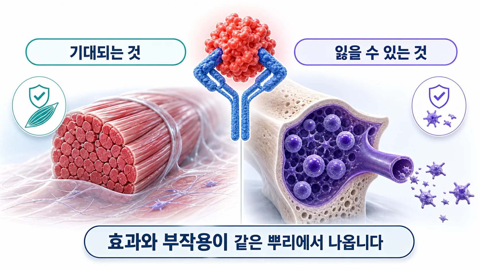 인터루킨-11을 막을 때 기대되는 것과 잃을 수 있는 것을 그린 그림