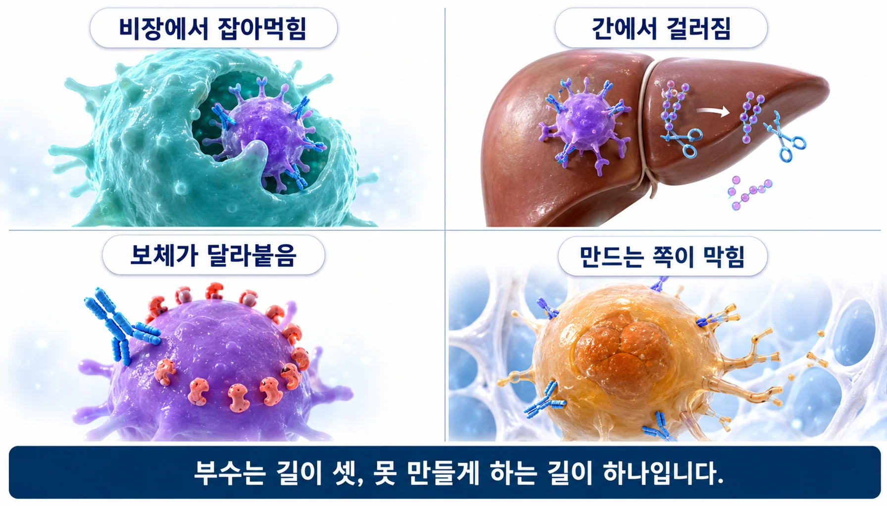 항혈소판 항체가 혈소판을 제거하는 네 가지 경로를 비교한 그림