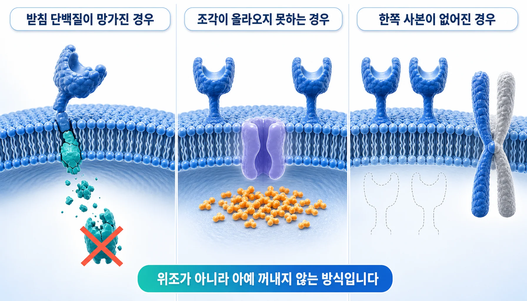 종양이 항원 제시 기능을 잃는 세 가지 방식을 그린 그림