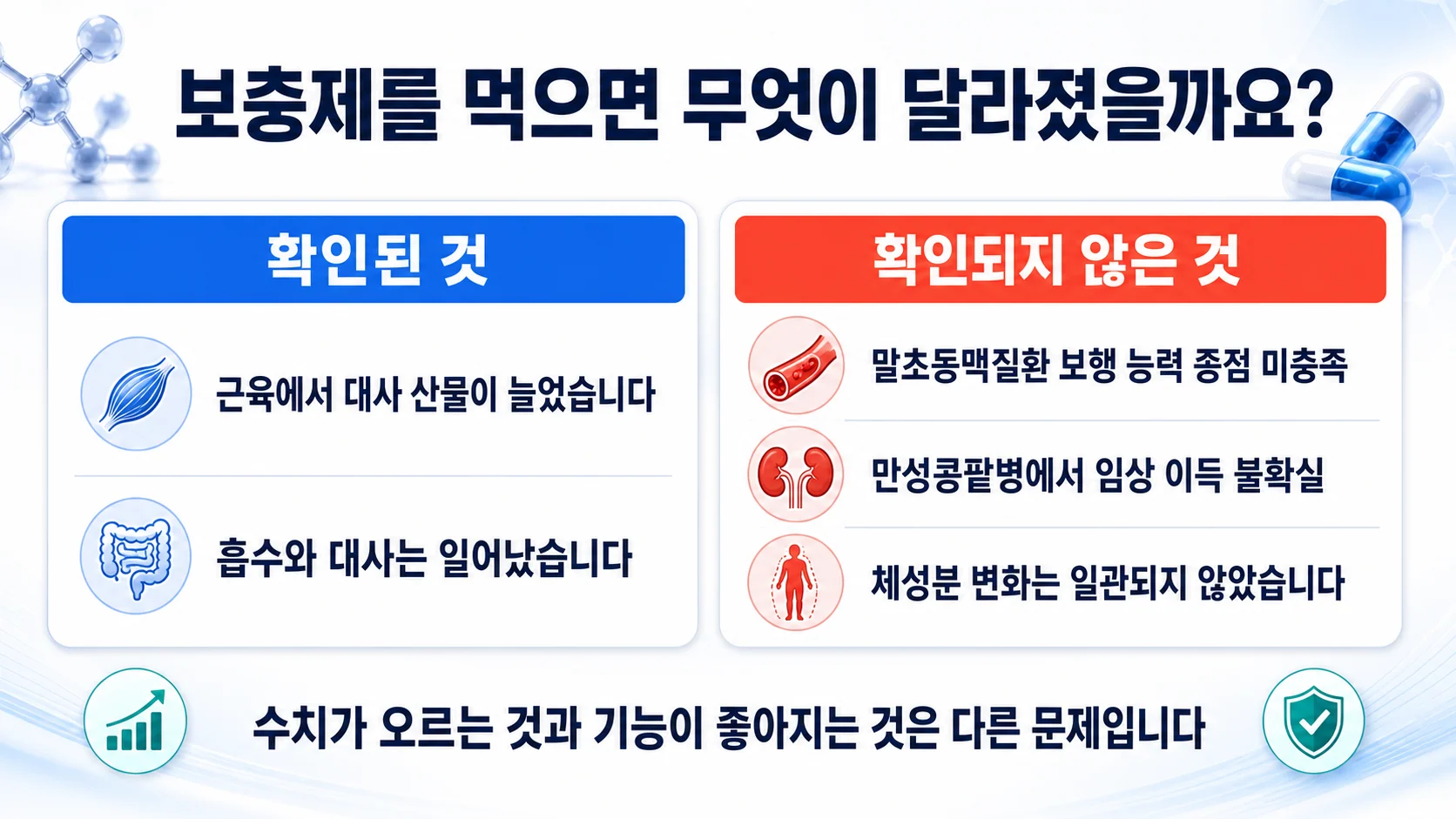 NAD 전구체 무작위 시험들에서 확인된 것과 확인되지 않은 것을 정리한 그림