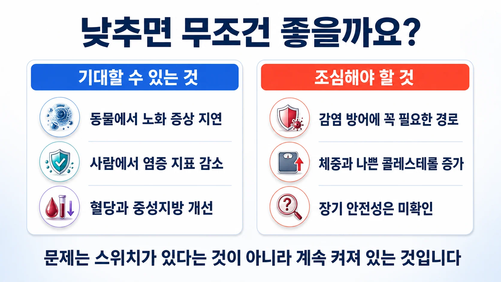 NF-κB를 낮출 때 기대할 수 있는 것과 조심해야 할 것을 두 칸으로 정리한 그림