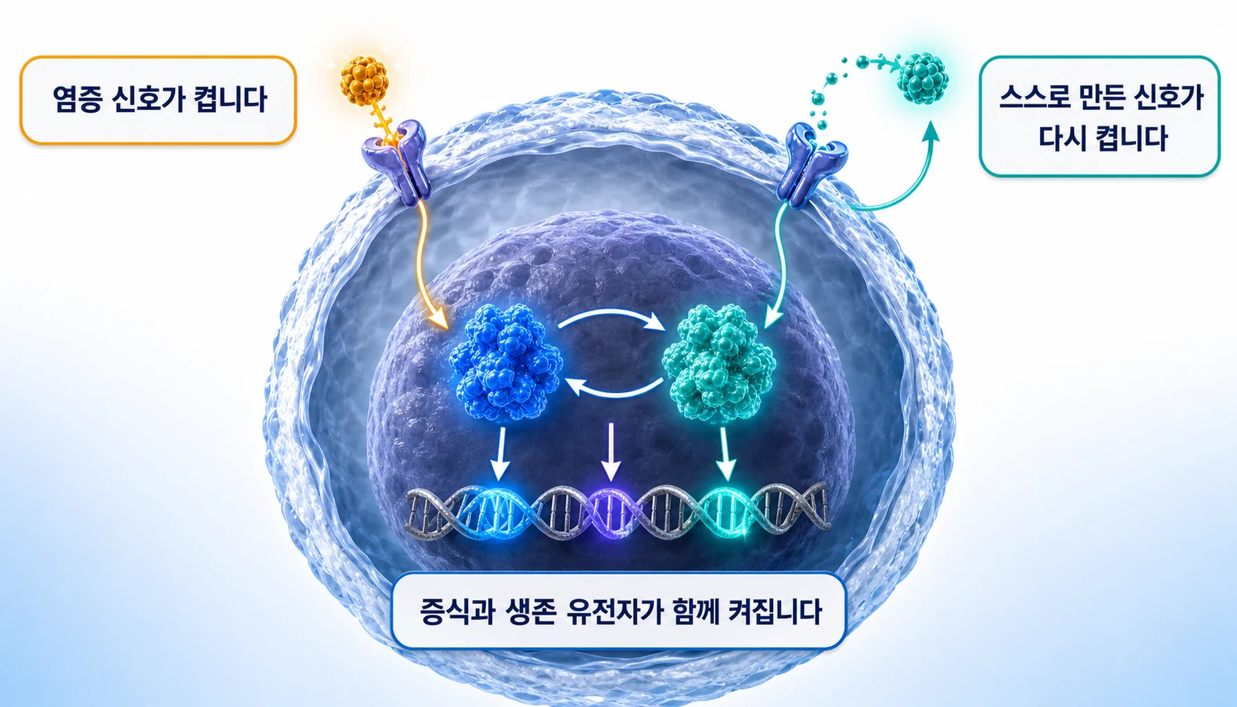 NF-κB와 STAT3가 서로를 키우며 같은 유전자를 켜는 회로를 그린 그림