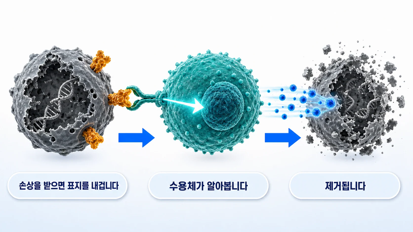 스트레스를 받은 세포의 표지를 자연살해세포의 수용체가 인식해 제거하는 과정을 그린 그림