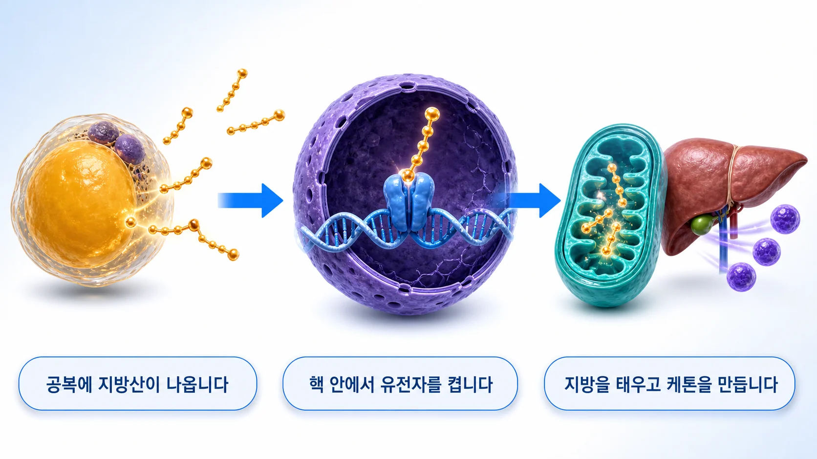 공복 상태에서 지방산이 PPARα를 켜서 지방산 산화와 케톤 생성 유전자를 올리는 과정을 그린 그림