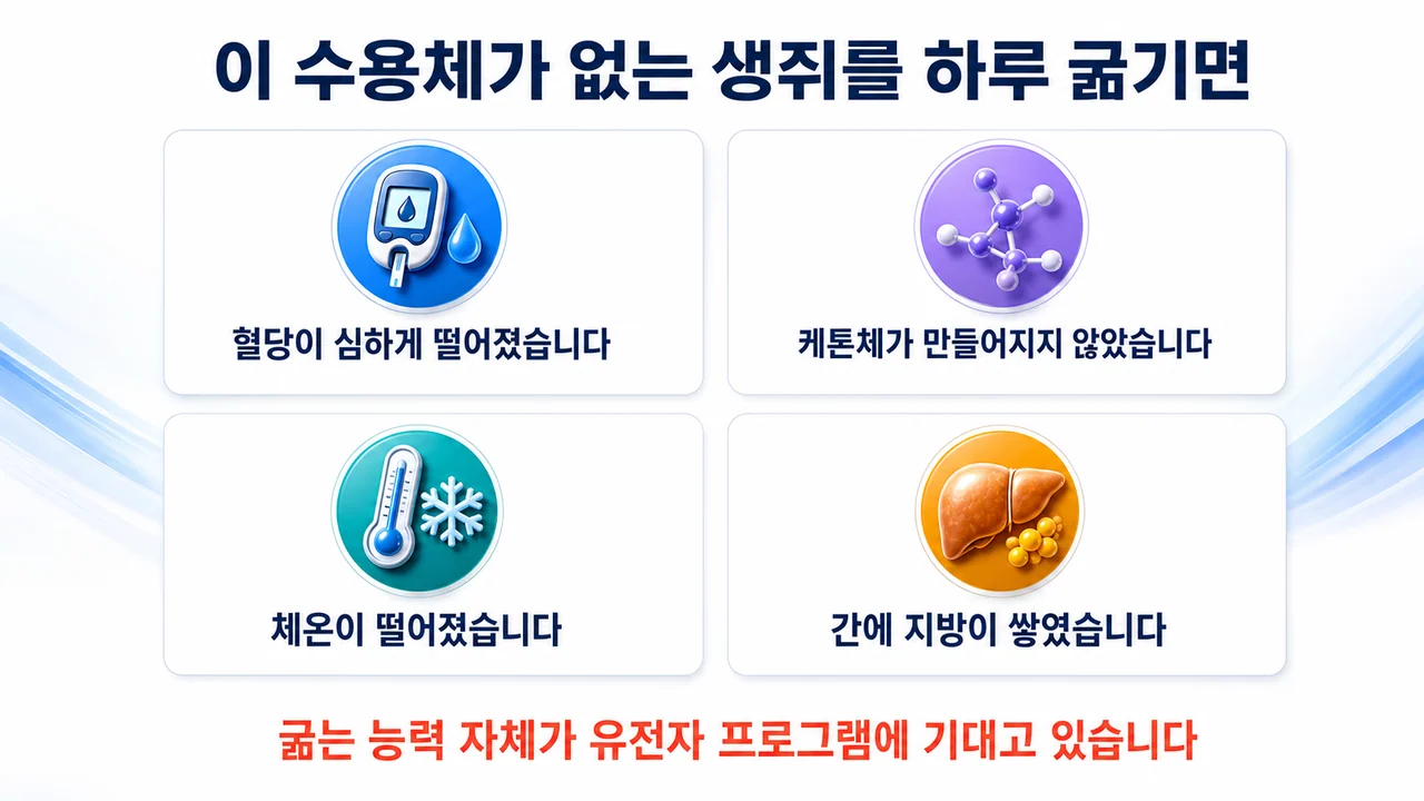 PPARα를 없앤 생쥐를 24시간 굶겼을 때 나타난 네 가지 변화를 정리한 그림
