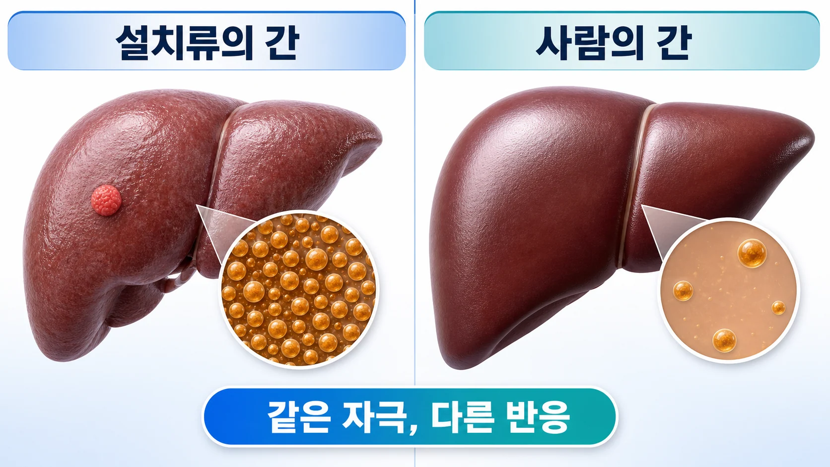 설치류의 간과 사람의 간에서 PPARα 반응이 다르게 나타나는 차이를 그린 그림