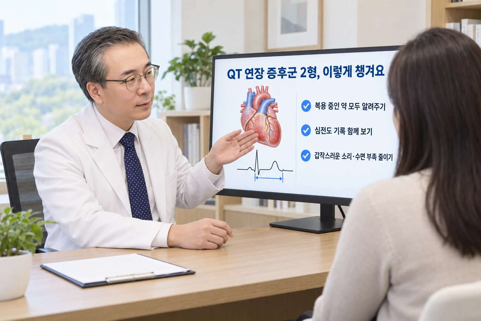 박석민 원장이 32인치 교육용 모니터의 심장과 심전도 QT 구간 그림을 가리키며 환자에게 QT 연장 증후군 2형의 생활 관리를 설명하는 장면