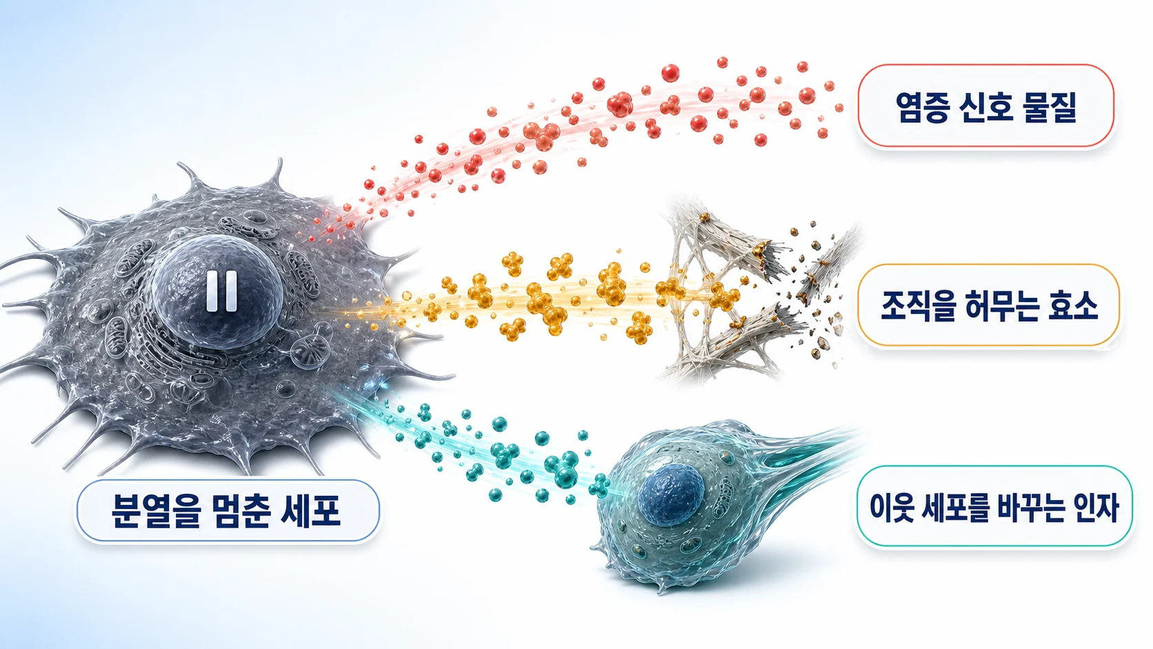 노화세포가 인터루킨과 기질분해효소, 성장인자를 주변으로 내보내는 과정을 그린 그림