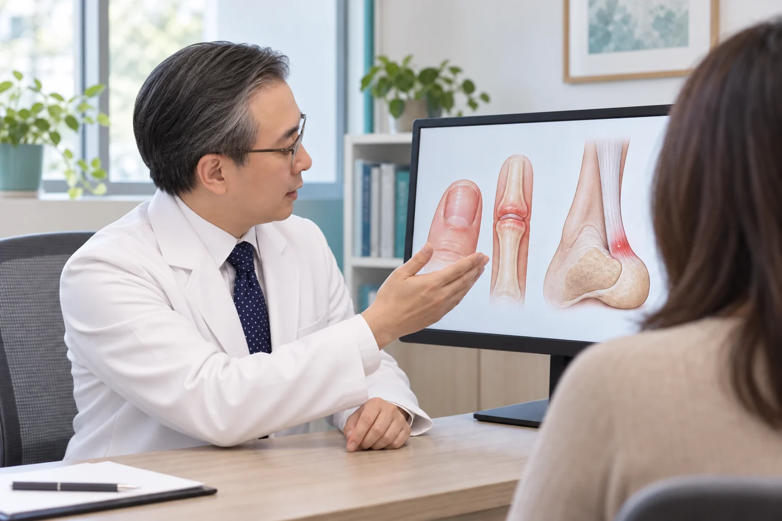 박석민 원장을 참고한 인물이 손가락 관절과 뒤꿈치 부착부의 교육용 모식도를 설명하는 장면