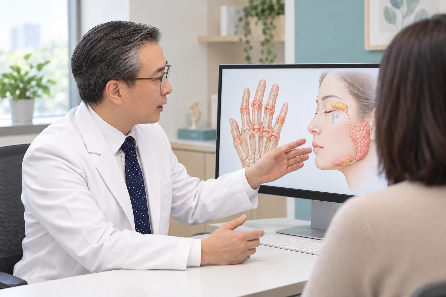 박석민 원장을 참고한 인물이 손 관절과 눈물샘 및 침샘의 모식도를 설명하는 장면