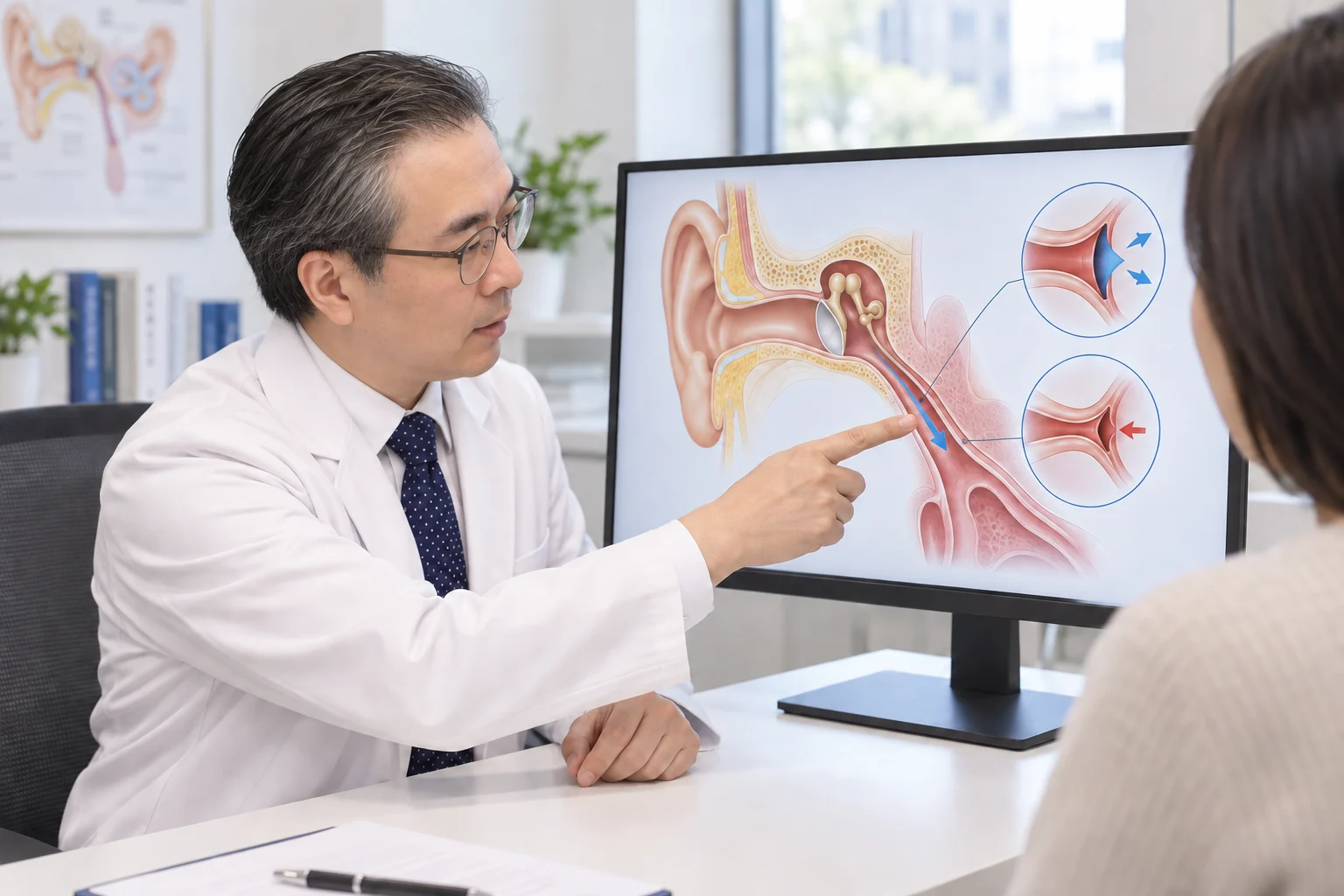 박석민 원장을 참고해 제작한 인물이 환자 교육용 모니터의 귀와 이관 그림을 가리키며 설명하는 장면