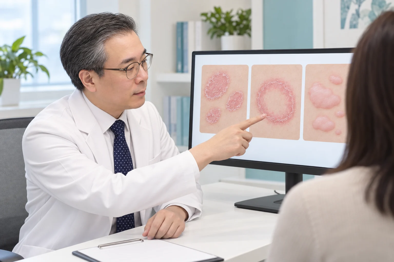 박석민 원장을 참고한 인물이 서로 다른 발진 형태의 교육용 그림을 모니터로 설명하는 장면