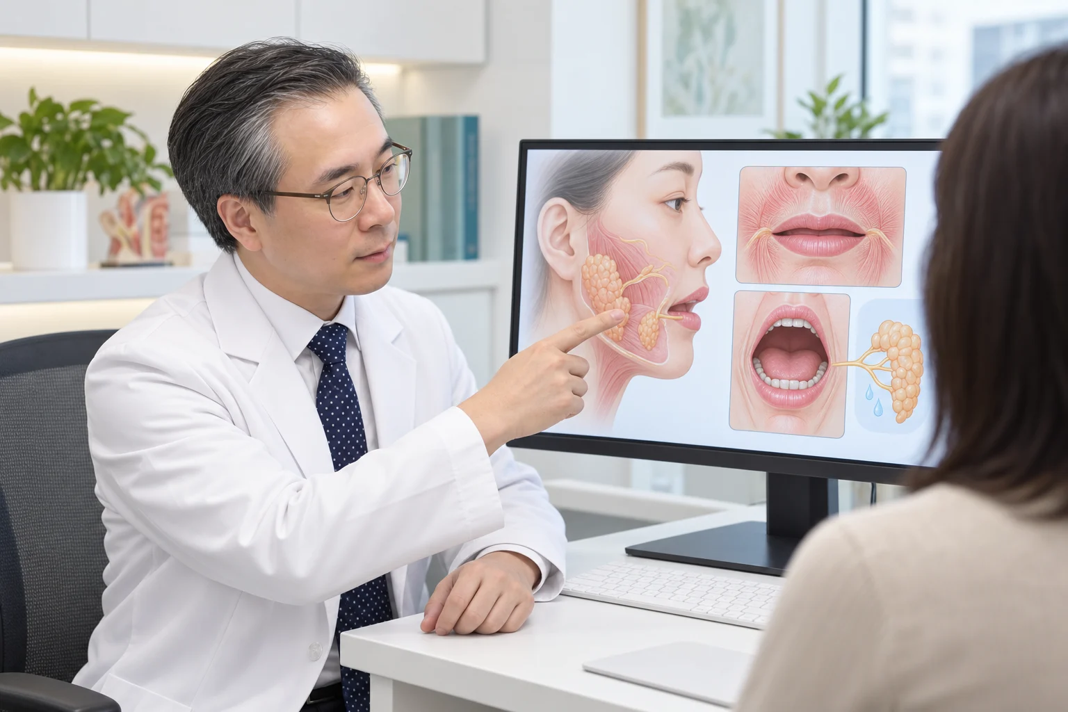박석민 원장을 참고한 인물이 입 주변 조직과 침샘의 교육용 모식도를 설명하는 장면