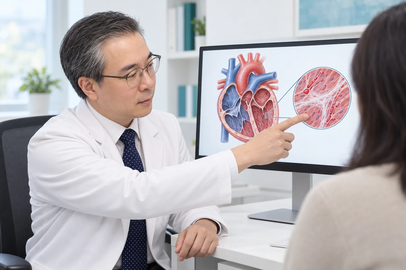 박석민 원장을 참고한 인물이 심장과 심근 조직의 교육용 모식도를 설명하는 장면