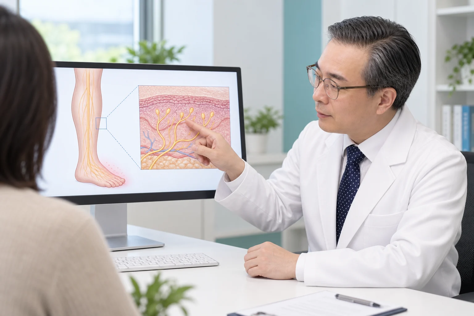 박석민 원장을 참고한 인물이 모니터의 피부 감각신경 모식도를 보며 설명하는 장면