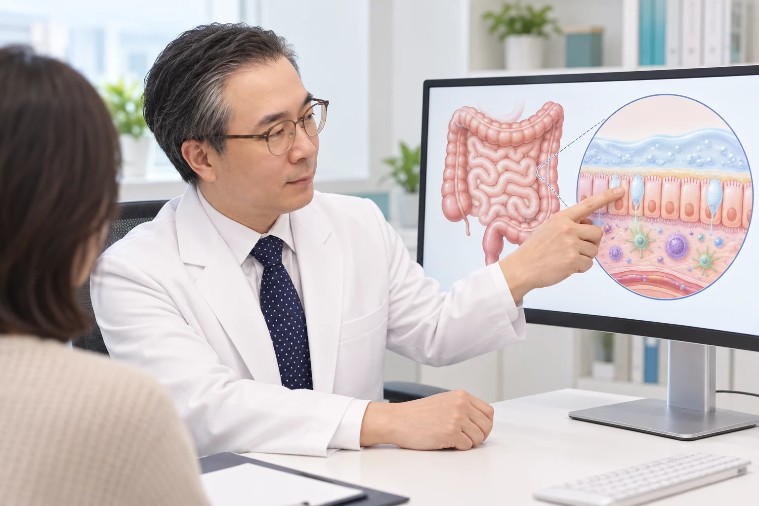 박석민 원장을 참고한 인물이 장 점막 보호층과 상피세포 모식도를 설명하는 장면