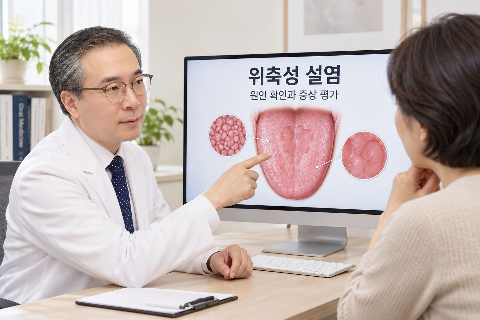 의료진과 환자가 큰 교육용 모니터의 혀 구조 그림을 함께 보며 위축성 설염 원인과 증상 평가를 상담하는 장면