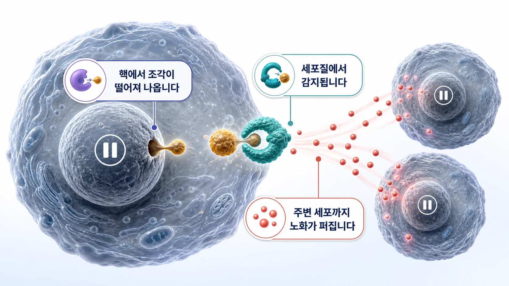 노화세포의 핵에서 떨어져 나온 조각이 세포질에서 경보를 울리는 과정을 그린 그림